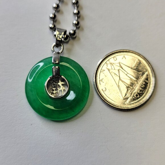 Green Jade Disc Pendant Necklace on Stainless Steel Ball Chain - Picture 4 of 12